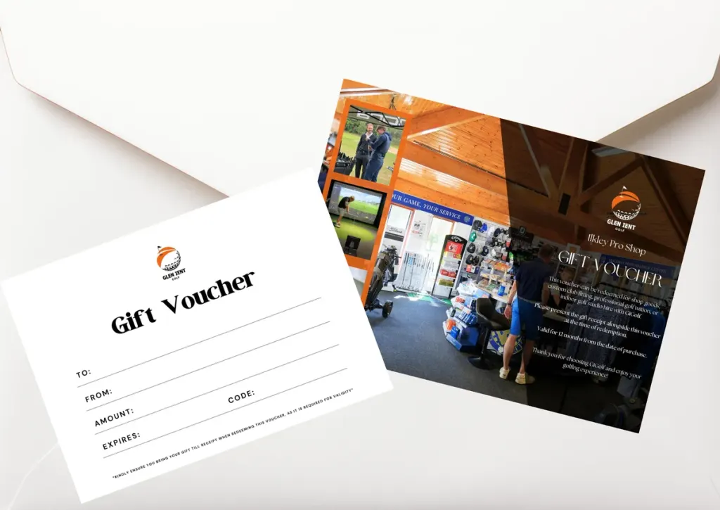 Two gift vouchers and a card show a golf pro shop interior and people on a golf course.