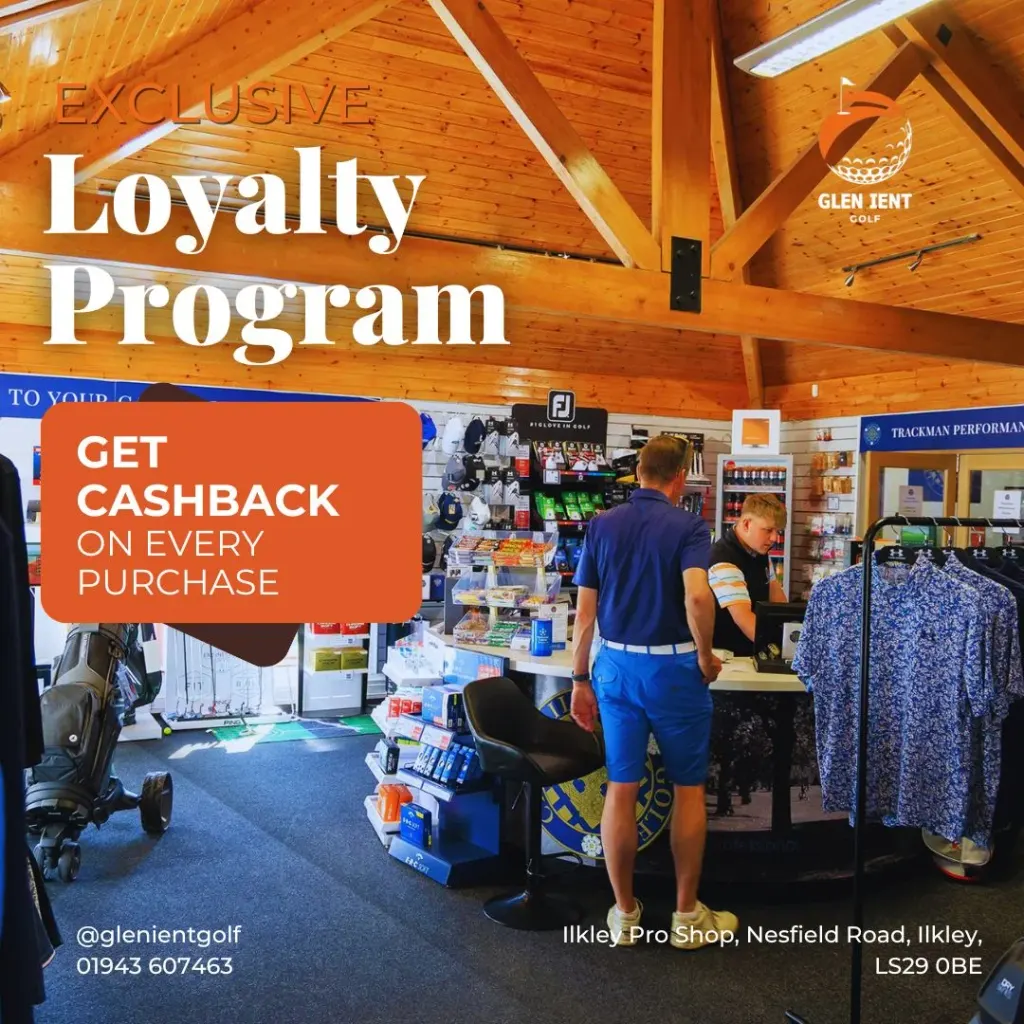 A golf shop interior displays a “Loyalty Program” poster offering cashback, with two men looking at merchandise.